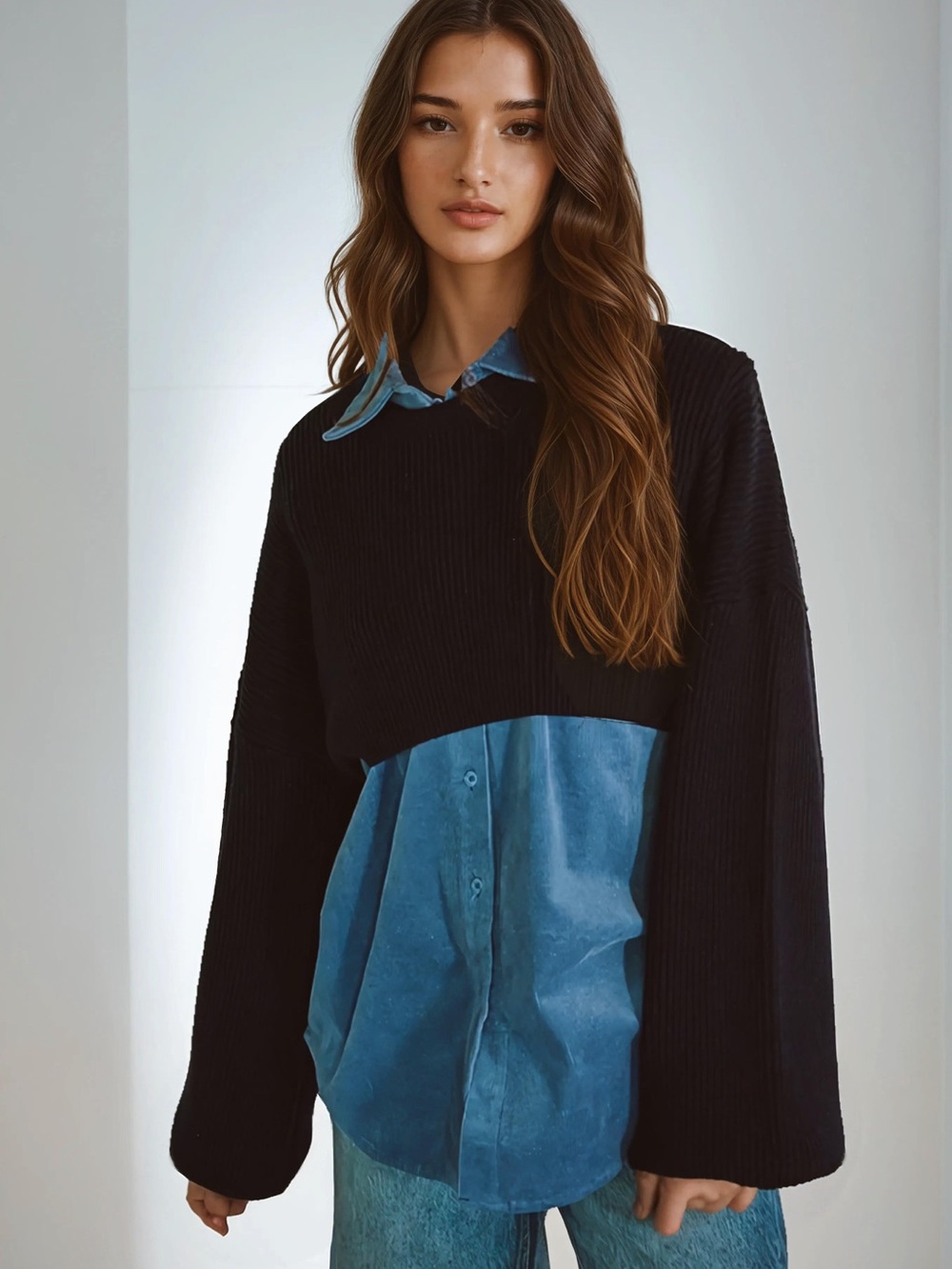 Black Cropped Knit Pullover over Blue Shirt - Layered Look